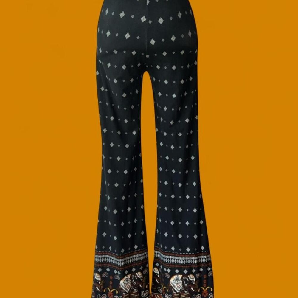 Black Elephant Print Flare Pants Boho Bell Bottoms